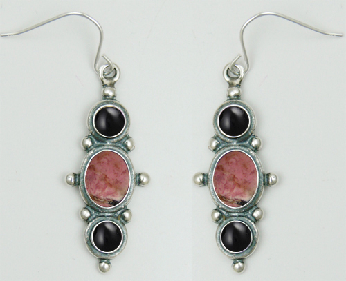 Sterling Silver Drop Dangle Earrings With Rhodonite Quartz And Black Onyx